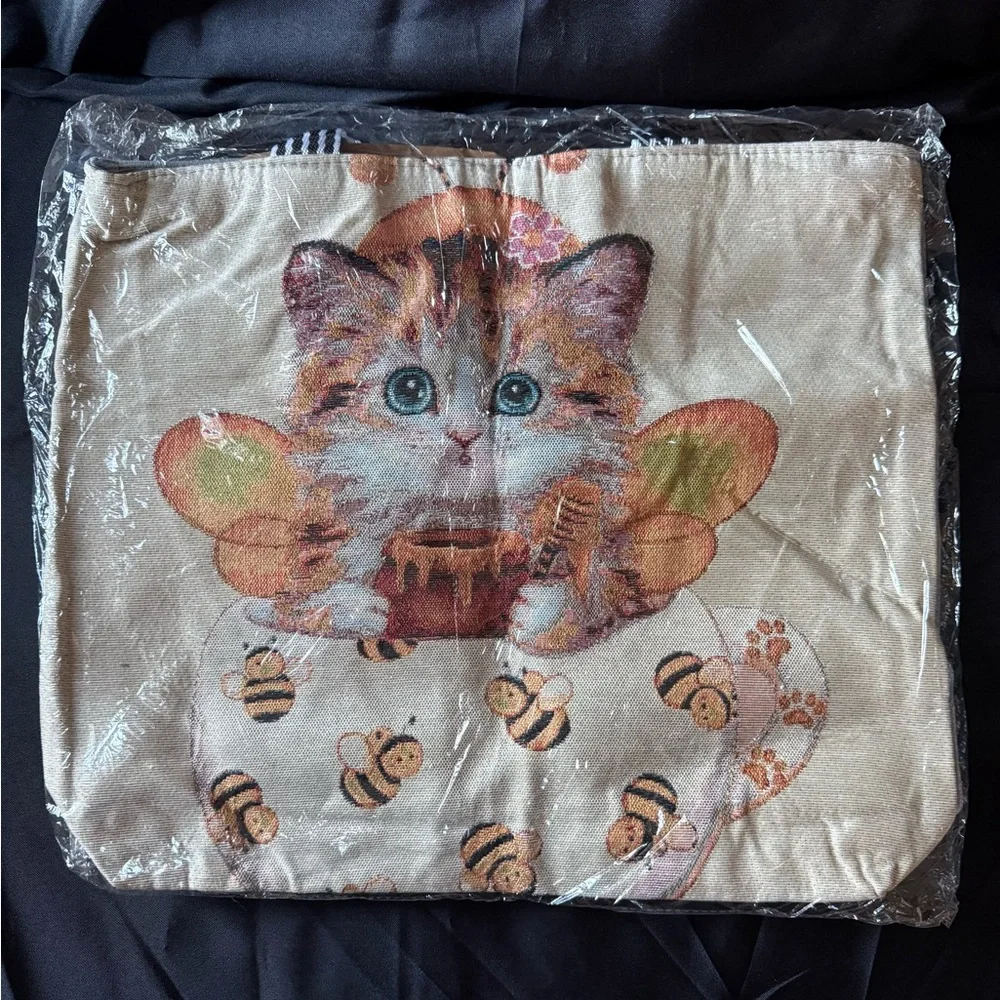 New Cute Cat and Bees Print Tote Bag - Cream